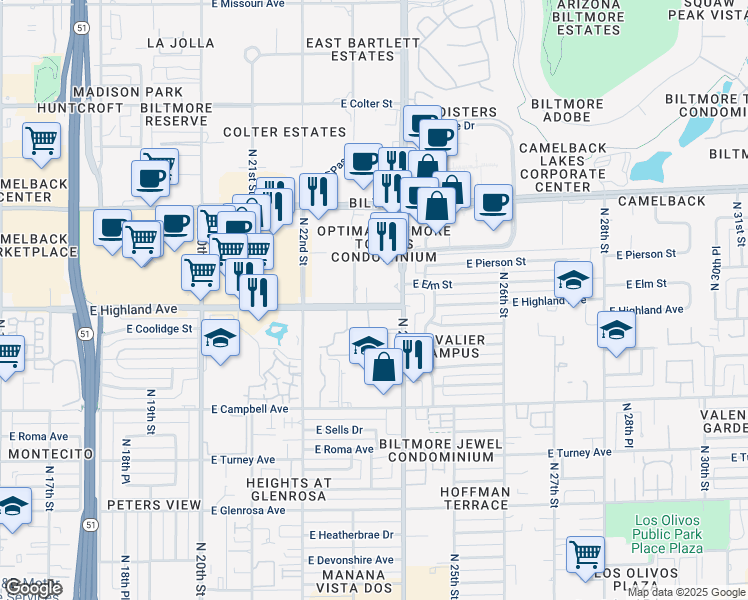 map of restaurants, bars, coffee shops, grocery stores, and more near 4722 East Highland Avenue in Phoenix