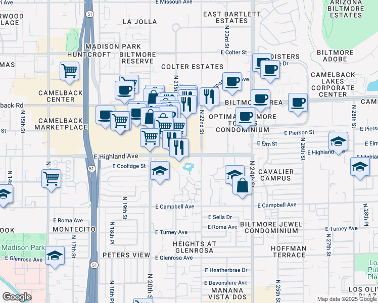 map of restaurants, bars, coffee shops, grocery stores, and more near 2141 East Highland Avenue in Phoenix