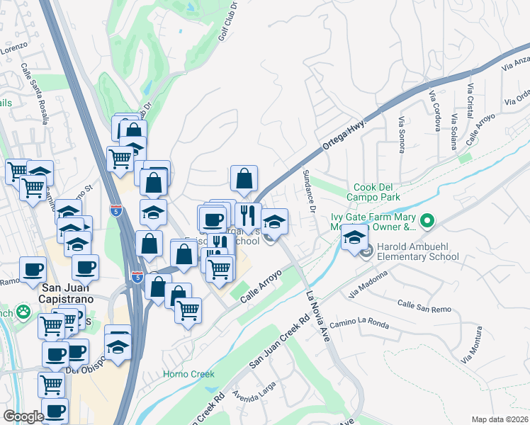 map of restaurants, bars, coffee shops, grocery stores, and more near 31492 Via La Senda in San Juan Capistrano