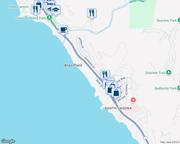 map of restaurants, bars, coffee shops, grocery stores, and more near 31423 Coast Highway in Laguna Beach