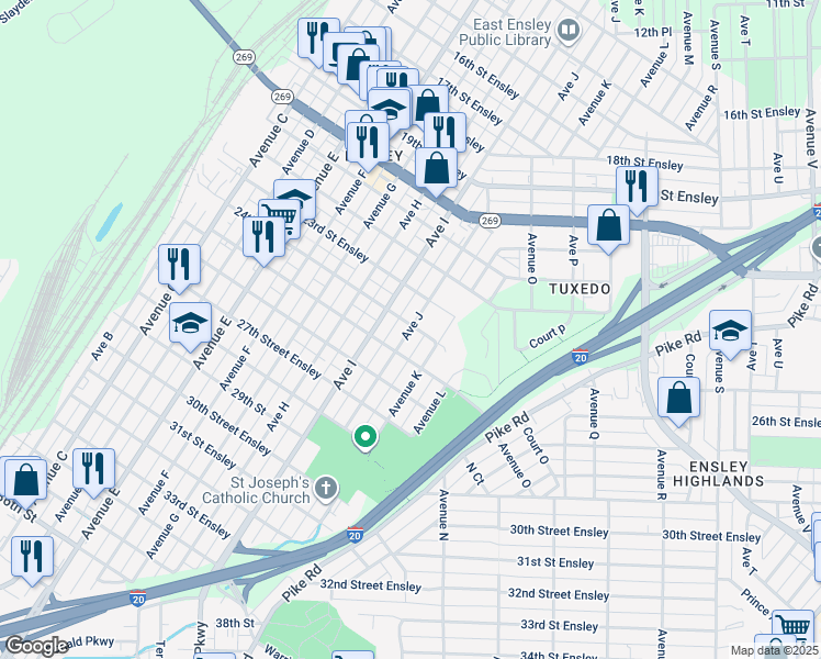 map of restaurants, bars, coffee shops, grocery stores, and more near 2413 Ave J in Birmingham