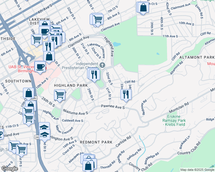 map of restaurants, bars, coffee shops, grocery stores, and more near 3053 Highland Avenue South in Birmingham