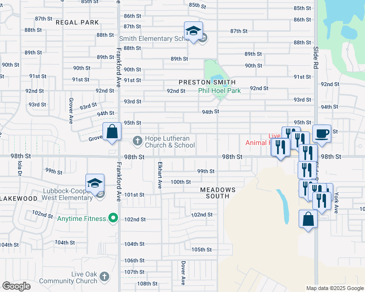 map of restaurants, bars, coffee shops, grocery stores, and more near 9618 Dover Avenue in Lubbock
