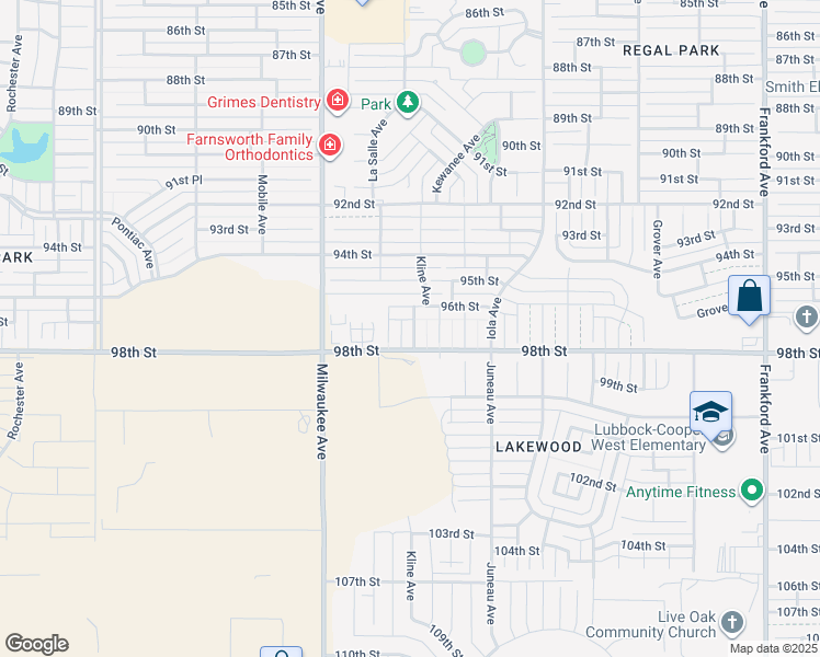 map of restaurants, bars, coffee shops, grocery stores, and more near 9616 Kline Avenue in Lubbock
