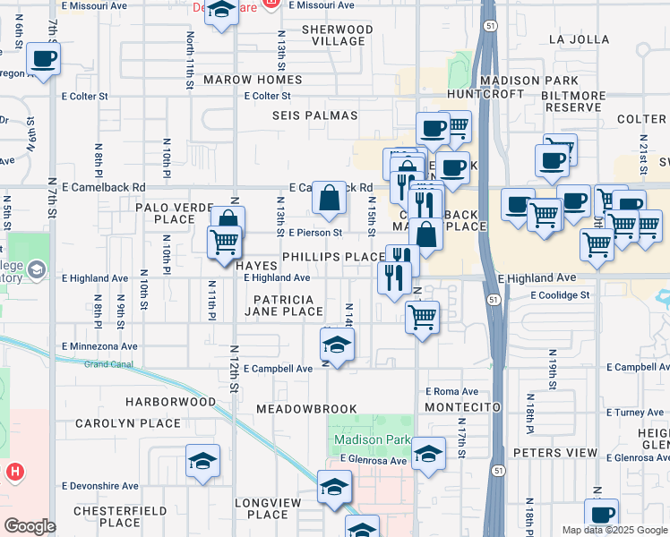 map of restaurants, bars, coffee shops, grocery stores, and more near 1408 East Highland Avenue in Phoenix
