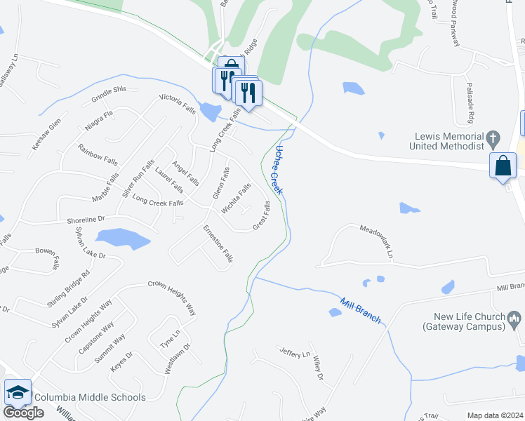 map of restaurants, bars, coffee shops, grocery stores, and more near 544 Great Falls in Grovetown