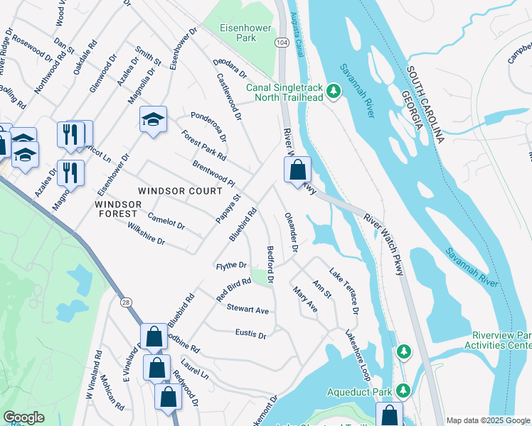 map of restaurants, bars, coffee shops, grocery stores, and more near 1043 Bedford Drive in Augusta