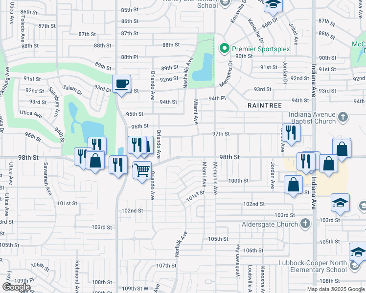 map of restaurants, bars, coffee shops, grocery stores, and more near 9714 Norfolk Avenue in Lubbock