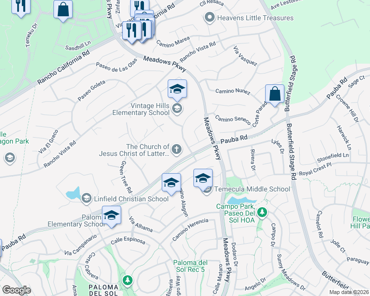 map of restaurants, bars, coffee shops, grocery stores, and more near 42401 Corte Villosa in Temecula