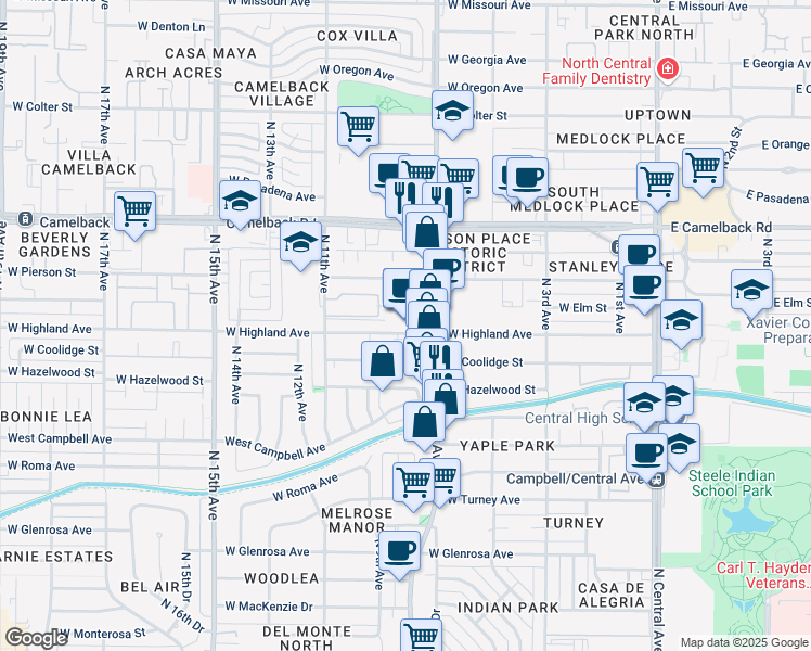 map of restaurants, bars, coffee shops, grocery stores, and more near 4648 North 7th Avenue in Phoenix