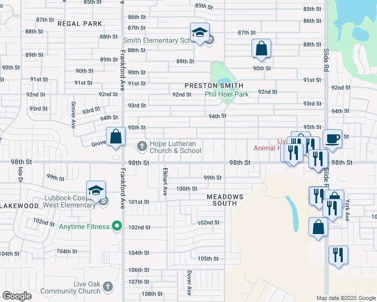 map of restaurants, bars, coffee shops, grocery stores, and more near 9618 Dover Avenue in Lubbock
