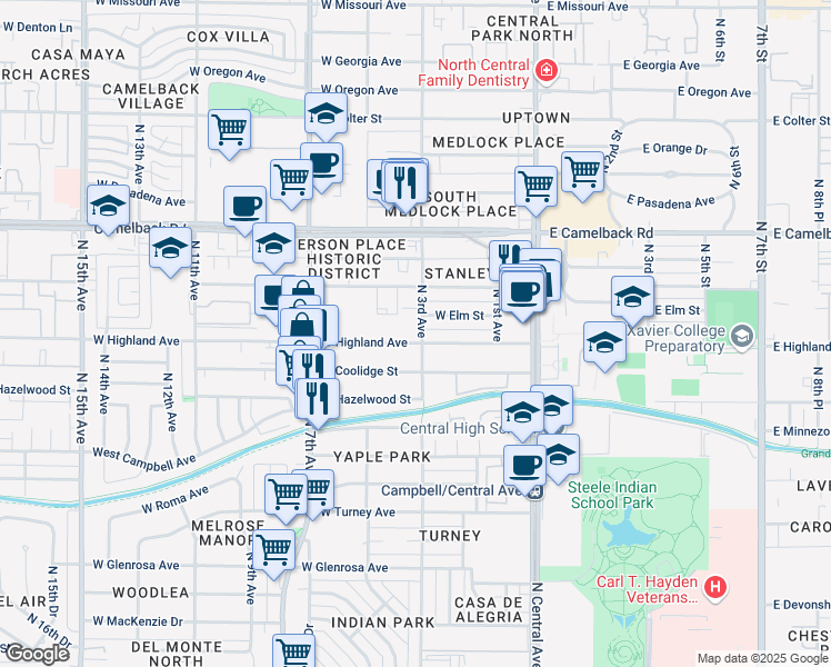 map of restaurants, bars, coffee shops, grocery stores, and more near 303 West Highland Avenue in Phoenix