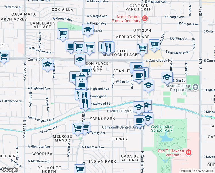 map of restaurants, bars, coffee shops, grocery stores, and more near 303 West Highland Avenue in Phoenix