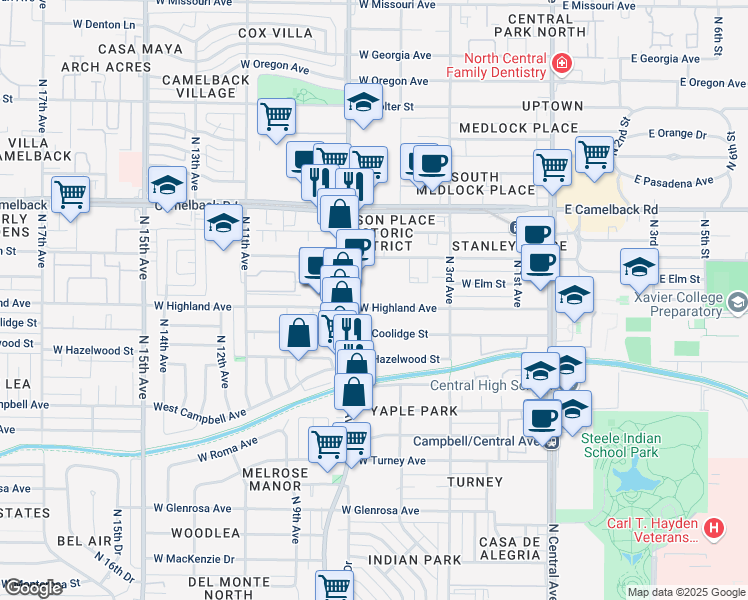 map of restaurants, bars, coffee shops, grocery stores, and more near 523 West Highland Avenue in Phoenix