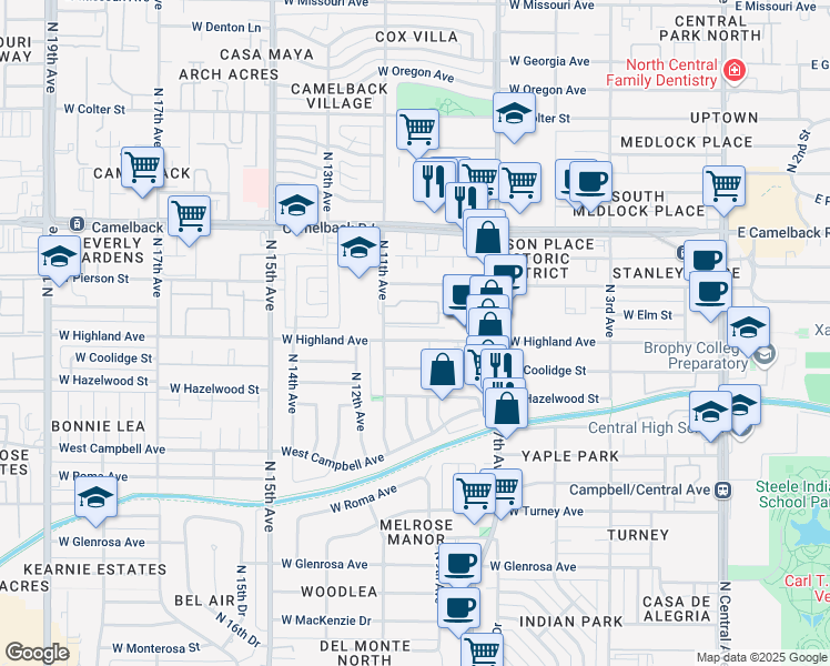 map of restaurants, bars, coffee shops, grocery stores, and more near 927 West Highland Avenue in Phoenix