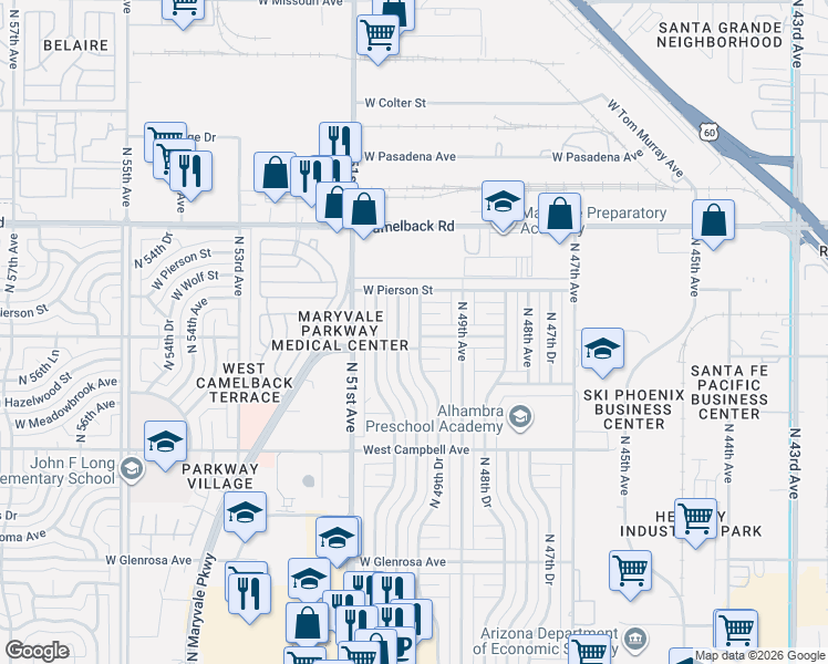 map of restaurants, bars, coffee shops, grocery stores, and more near 4701 North 50th Avenue in Phoenix