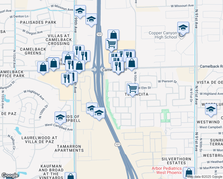 map of restaurants, bars, coffee shops, grocery stores, and more near 9625 West Elm Street in Phoenix