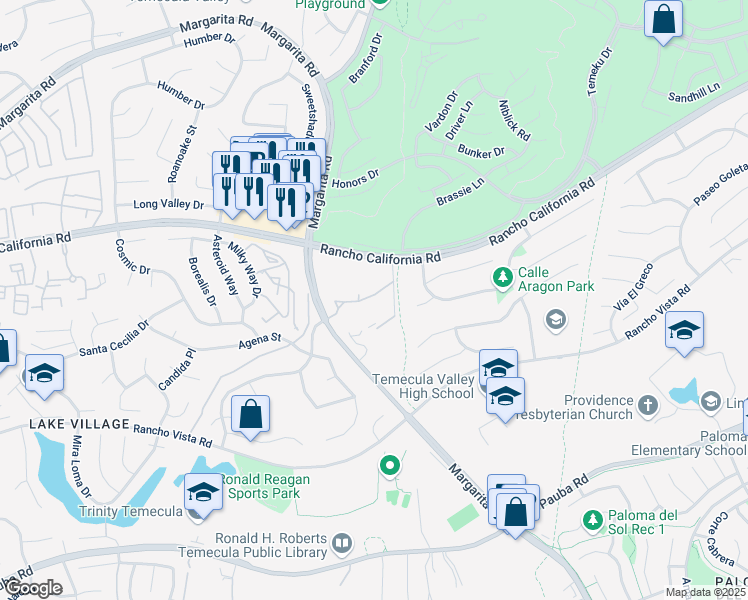 map of restaurants, bars, coffee shops, grocery stores, and more near 42200 Margarita Road in Temecula