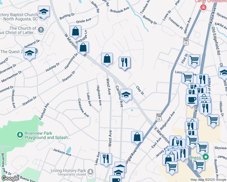 map of restaurants, bars, coffee shops, grocery stores, and more near 1201 West Avenue in North Augusta
