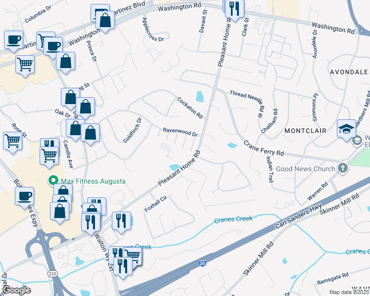 map of restaurants, bars, coffee shops, grocery stores, and more near 77 Sunnyvale Lane in Augusta