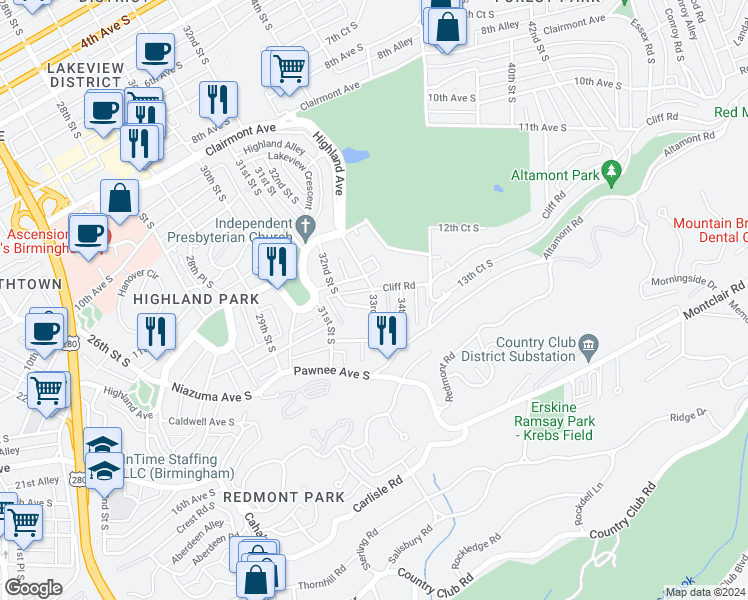 map of restaurants, bars, coffee shops, grocery stores, and more near 1417 33rd Street South in Birmingham