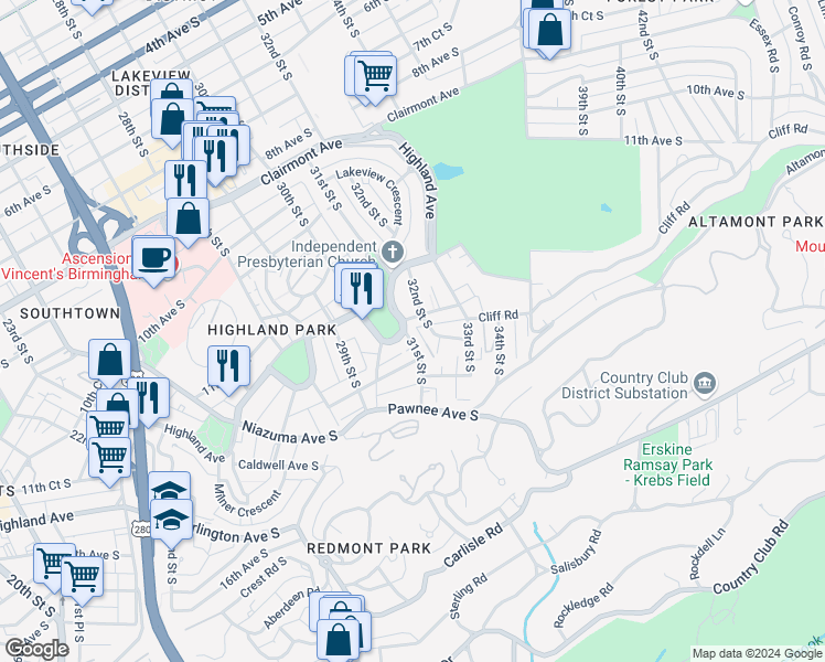 map of restaurants, bars, coffee shops, grocery stores, and more near 3017 Highland Avenue in Birmingham