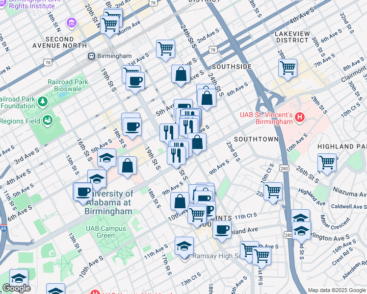 map of restaurants, bars, coffee shops, grocery stores, and more near 719 20th Street South in Birmingham