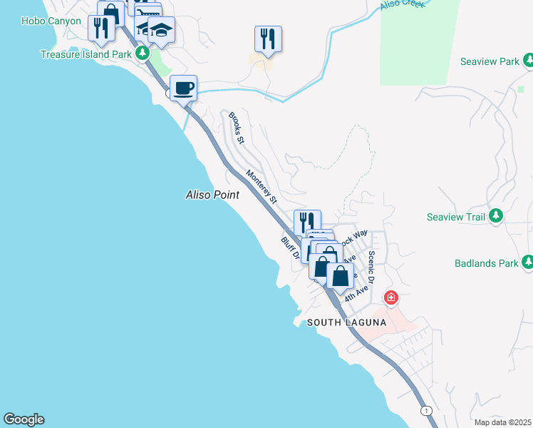 map of restaurants, bars, coffee shops, grocery stores, and more near 31423 Coast Highway in Laguna Beach