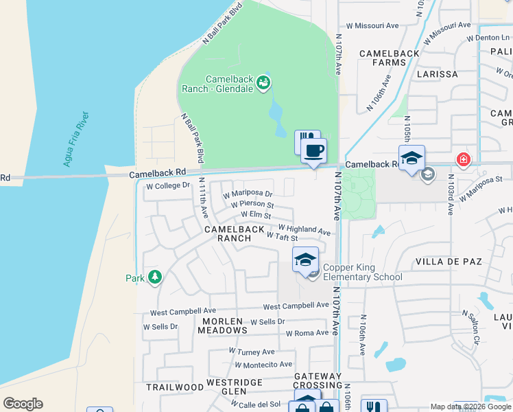 map of restaurants, bars, coffee shops, grocery stores, and more near 10921 West Pierson Street in Phoenix
