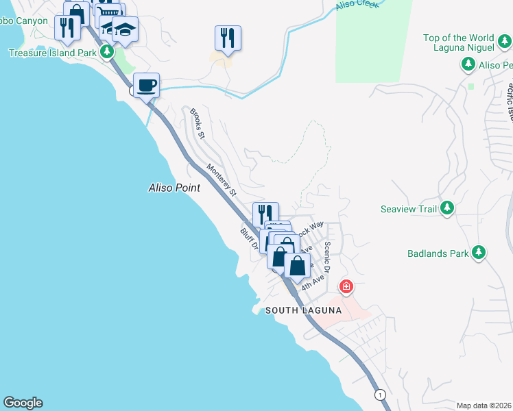 map of restaurants, bars, coffee shops, grocery stores, and more near 31481 West Street in Laguna Beach