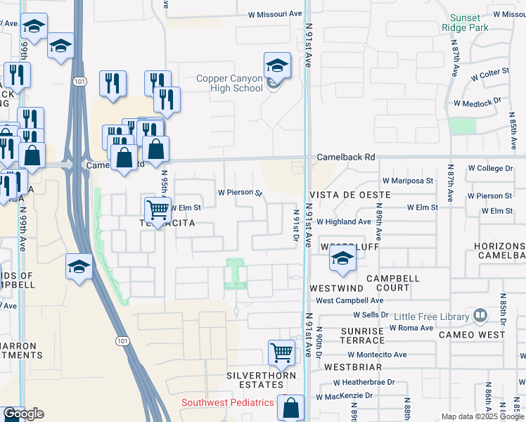 map of restaurants, bars, coffee shops, grocery stores, and more near 9219 West Highland Avenue in Phoenix
