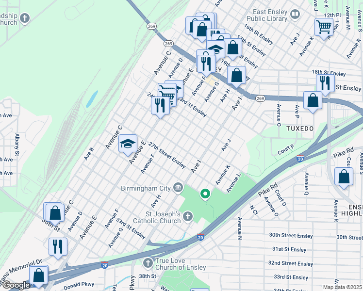 map of restaurants, bars, coffee shops, grocery stores, and more near 2615 Avenue G in Birmingham