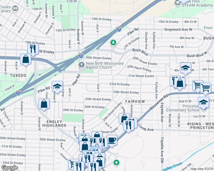 map of restaurants, bars, coffee shops, grocery stores, and more near 2520 24th Street Ensley in Birmingham