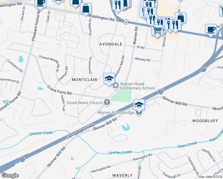 map of restaurants, bars, coffee shops, grocery stores, and more near 311 Warren Road in Augusta