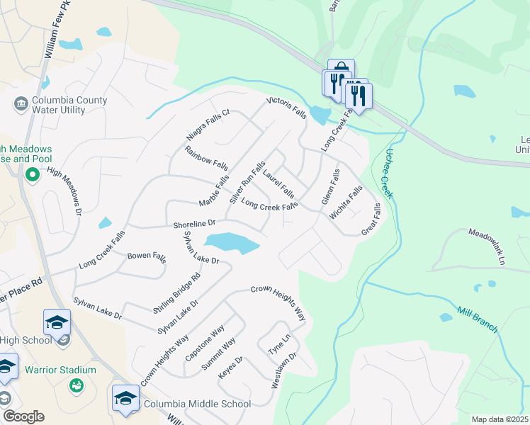 map of restaurants, bars, coffee shops, grocery stores, and more near 1931 Long Creek Falls in Grovetown