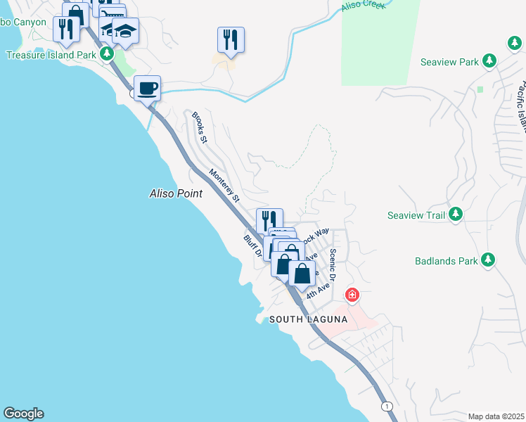 map of restaurants, bars, coffee shops, grocery stores, and more near 31402 Ocean View Street in Laguna Beach