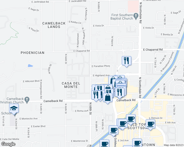 map of restaurants, bars, coffee shops, grocery stores, and more near in Scottsdale