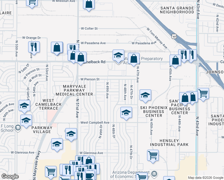 map of restaurants, bars, coffee shops, grocery stores, and more near 4851 West Highland Avenue in Phoenix
