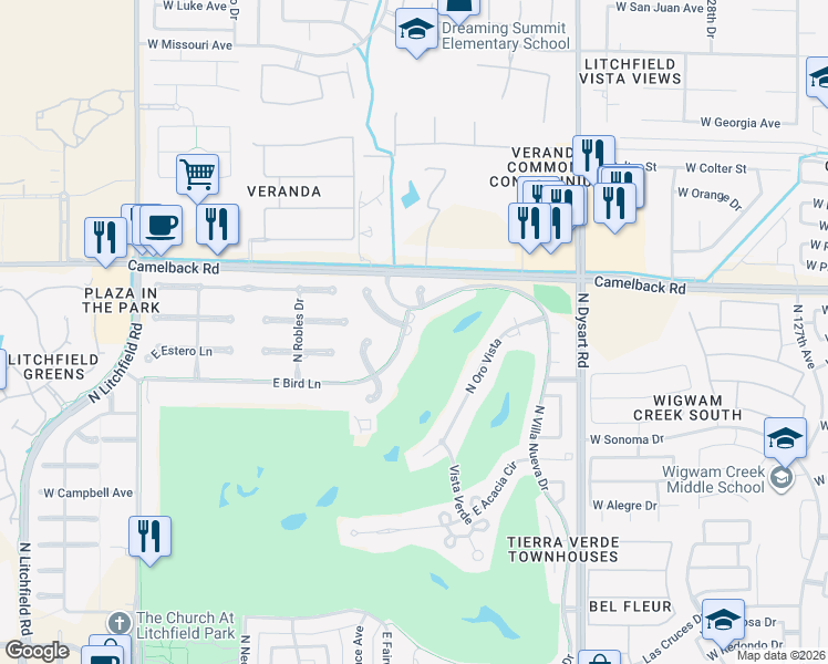 map of restaurants, bars, coffee shops, grocery stores, and more near 675 East Bird Lane in Litchfield Park