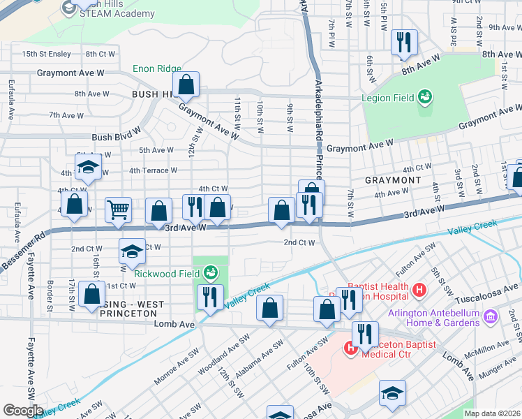map of restaurants, bars, coffee shops, grocery stores, and more near 1000 3rd Avenue West in Birmingham