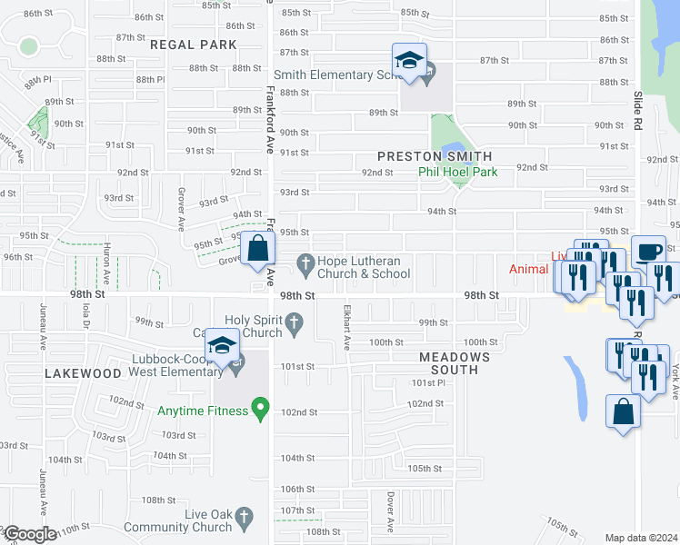 map of restaurants, bars, coffee shops, grocery stores, and more near 9609 Elmwood Avenue in Lubbock