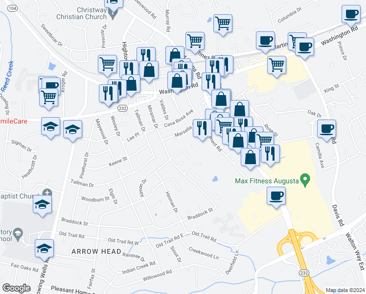 map of restaurants, bars, coffee shops, grocery stores, and more near 3916 Almon Drive in Martinez