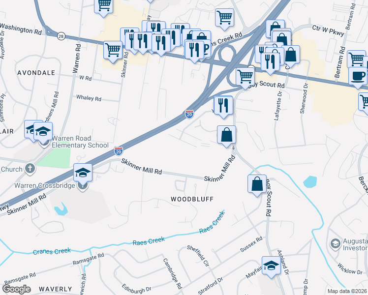 map of restaurants, bars, coffee shops, grocery stores, and more near 3021 Skinner Mill Road in Augusta