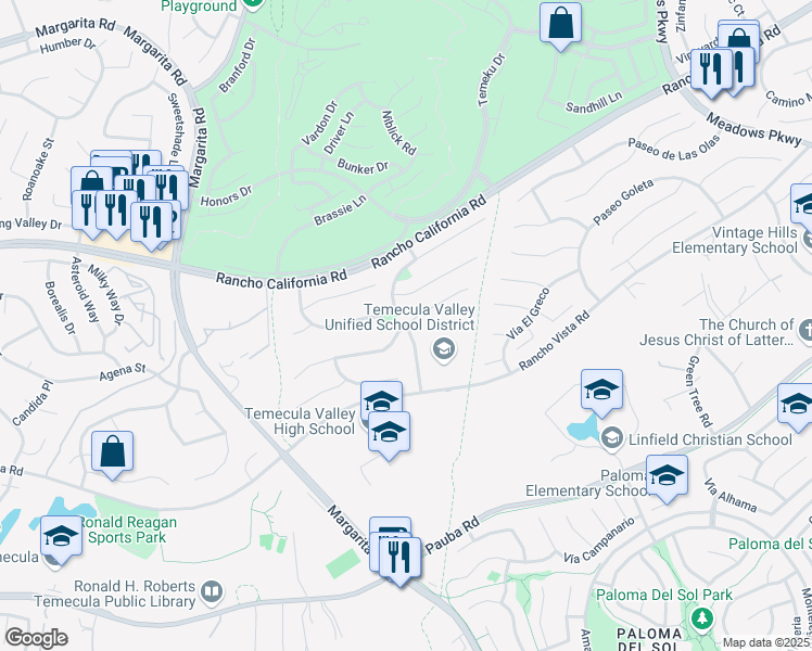 map of restaurants, bars, coffee shops, grocery stores, and more near 41591 Corte Arroyo Vista in Temecula