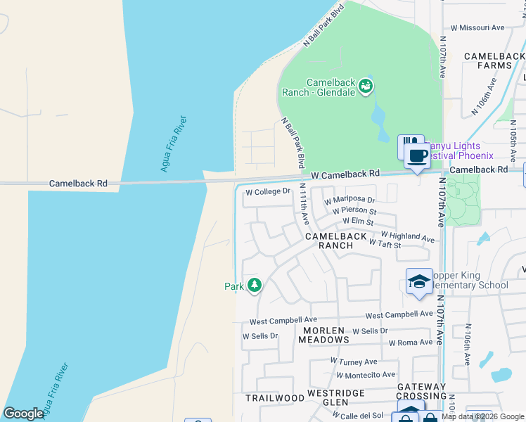 map of restaurants, bars, coffee shops, grocery stores, and more near 11217 West Mariposa Drive in Phoenix