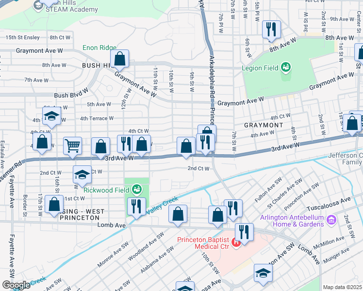map of restaurants, bars, coffee shops, grocery stores, and more near 915 4th Avenue West in Birmingham