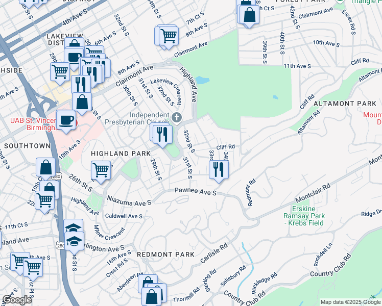 map of restaurants, bars, coffee shops, grocery stores, and more near 1324 32nd Street South in Birmingham
