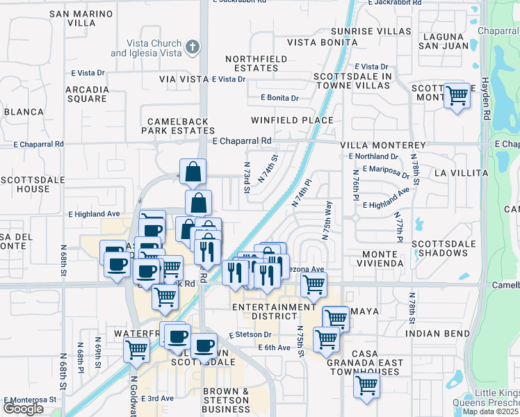 map of restaurants, bars, coffee shops, grocery stores, and more near 7351 East Thornwood Drive in Scottsdale