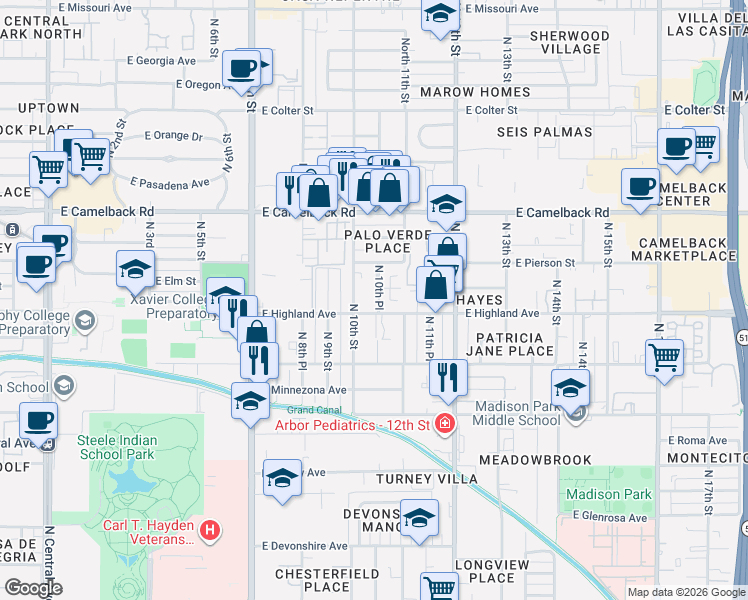 map of restaurants, bars, coffee shops, grocery stores, and more near 4645 North 10th Street in Phoenix