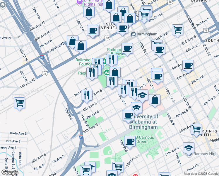 map of restaurants, bars, coffee shops, grocery stores, and more near 1415 3rd Avenue South in Birmingham